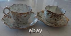 Two Antique Coalport England Teacups & Saucers Encrusted Gold Dasies
