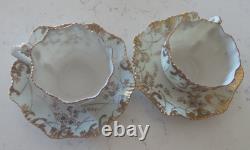 Two Antique Coalport England Teacups & Saucers Encrusted Gold Dasies