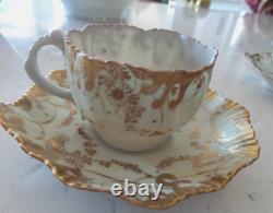 Two Antique Coalport England Teacups & Saucers Encrusted Gold Dasies