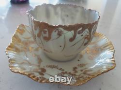 Two Antique Coalport England Teacups & Saucers Encrusted Gold Dasies