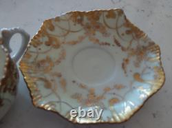 Two Antique Coalport England Teacups & Saucers Encrusted Gold Dasies