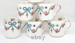 VTG 13 Piece STAFFORDSHIRE Crown DEMITASSE Cup & Saucer Set PINK ROSE BLUE BOW