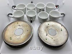 VTG Art Pottery Demitasse Cups & Saucers, Service For 8, Speckled Metallic Glaze