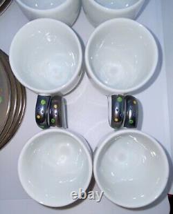 VTG Art Pottery Demitasse Cups & Saucers, Service For 8, Speckled Metallic Glaze