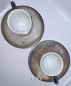 VTG Art Pottery Demitasse Cups & Saucers, Service For 8, Speckled Metallic Glaze