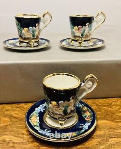 VTG Capodimonte Italy Blue Gold Espresso Demitasse 7 Cups Saucer Sugar Creamer