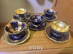 VTG Lindner Keups Bavaria Echt Cobalt Blue Gold Demitasse Tea Cups Set Of 5