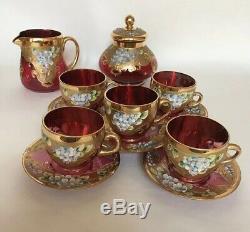 Venetian / Bohemian Cranberry Glass Demitasse Cups & Saucers / Tea Set