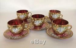 Venetian / Bohemian Cranberry Glass Demitasse Cups & Saucers / Tea Set