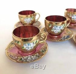 Venetian / Bohemian Cranberry Glass Demitasse Cups & Saucers / Tea Set