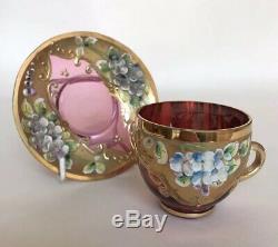 Venetian / Bohemian Cranberry Glass Demitasse Cups & Saucers / Tea Set