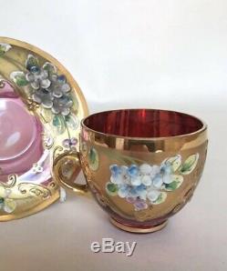 Venetian / Bohemian Cranberry Glass Demitasse Cups & Saucers / Tea Set