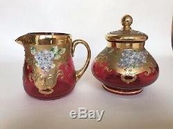 Venetian / Bohemian Cranberry Glass Demitasse Cups & Saucers / Tea Set