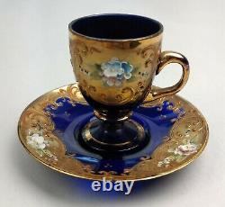 Venetian Glass Demitasse Cup Saucer Cobalt Blue with Gold Overlay Flowers c. 1950s