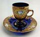 Venetian Glass Demitasse Cup Saucer Cobalt Blue With Gold Overlay Flowers C. 1950s