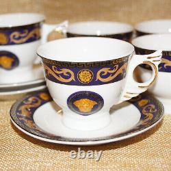 Versace Medusa Style Blue Gold Winged Demitasse Espresso Turkish Coffee Tea Cups