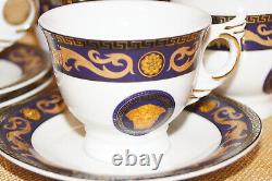 Versace Medusa Style Blue Gold Winged Demitasse Espresso Turkish Coffee Tea Cups