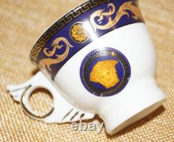 Versace Medusa Style Blue Gold Winged Demitasse Espresso Turkish Coffee Tea Cups