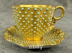 Victorian Coalport Porcelain Jeweled Scalopped Demitasse Cup & Saucer