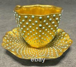 Victorian Coalport Porcelain Jeweled Scalopped Demitasse Cup & Saucer