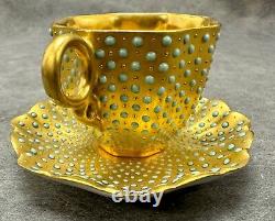 Victorian Coalport Porcelain Jeweled Scalopped Demitasse Cup & Saucer