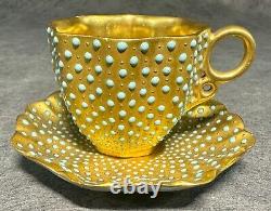 Victorian Coalport Porcelain Jeweled Scalopped Demitasse Cup & Saucer