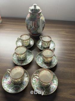 Vintage 13pc Rose Medallion Tea Set Teapot, 6 Teacups, 6 Demitasse Cups MCM