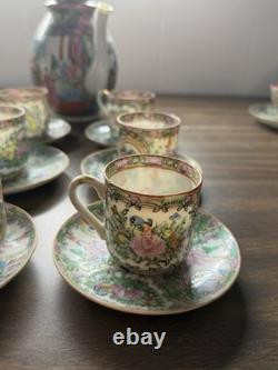 Vintage 13pc Rose Medallion Tea Set Teapot, 6 Teacups, 6 Demitasse Cups MCM