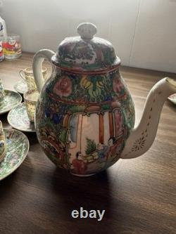 Vintage 13pc Rose Medallion Tea Set Teapot, 6 Teacups, 6 Demitasse Cups MCM