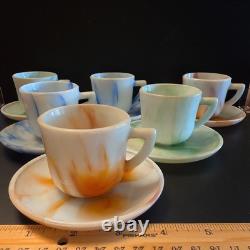 Vintage Akro Agate 6 Demitasse Cup and Saucer Sets orange, blue, green