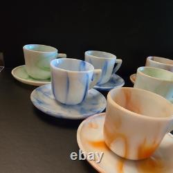 Vintage Akro Agate 6 Demitasse Cup and Saucer Sets orange, blue, green