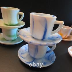 Vintage Akro Agate 6 Demitasse Cup and Saucer Sets orange, blue, green