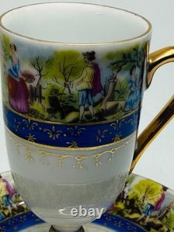 Vintage Arita Japan Demitasse Cup Saucer Fragonard Scene Cobalt Gold Pedestal
