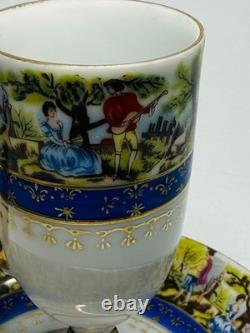 Vintage Arita Japan Demitasse Cup Saucer Fragonard Scene Cobalt Gold Pedestal