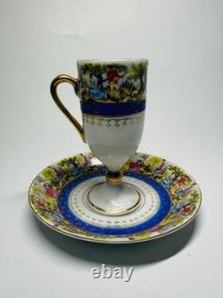 Vintage Arita Japan Demitasse Cup Saucer Fragonard Scene Cobalt Gold Pedestal