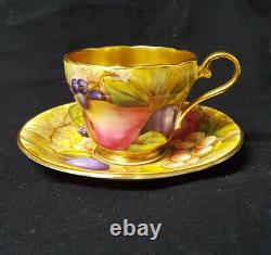 Vintage Aynsley Bone China Fruit Orchard Demitasse Cup + Saucer Lush Gold Signed