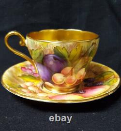 Vintage Aynsley Bone China Fruit Orchard Demitasse Cup + Saucer Lush Gold Signed