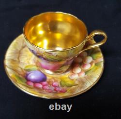 Vintage Aynsley Bone China Fruit Orchard Demitasse Cup + Saucer Lush Gold Signed