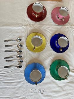 Vintage Bareuther Porcelain Demi-Tasse Set, 6 cups & saucers, spoons. 1937-1945