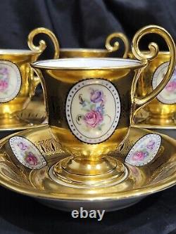 Vintage Bohemia Gold Gilt Demitasse 6 Cups &6 Saucers Set HP Roses Stunning