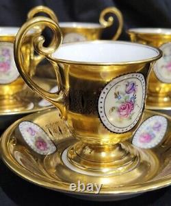 Vintage Bohemia Gold Gilt Demitasse 6 Cups &6 Saucers Set HP Roses Stunning