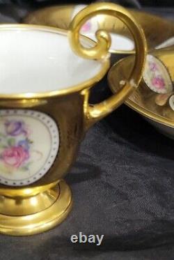 Vintage Bohemia Gold Gilt Demitasse 6 Cups &6 Saucers Set HP Roses Stunning