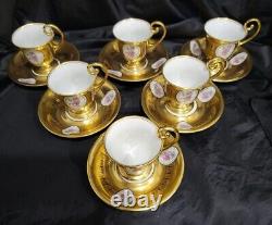 Vintage Bohemia Gold Gilt Demitasse 6 Cups &6 Saucers Set HP Roses Stunning