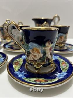 Vintage Capodimonte Italy Cobalt Blue Demitasse Espresso Coffee Set Cherubs