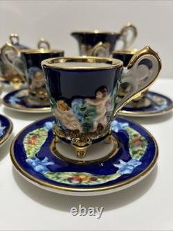 Vintage Capodimonte Italy Cobalt Blue Demitasse Espresso Coffee Set Cherubs