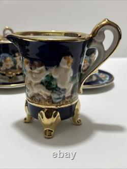 Vintage Capodimonte Italy Cobalt Blue Demitasse Espresso Coffee Set Cherubs