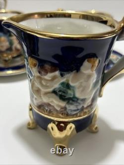 Vintage Capodimonte Italy Cobalt Blue Demitasse Espresso Coffee Set Cherubs
