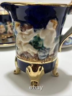 Vintage Capodimonte Italy Cobalt Blue Demitasse Espresso Coffee Set Cherubs