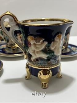 Vintage Capodimonte Italy Cobalt Blue Demitasse Espresso Coffee Set Cherubs