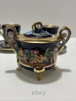 Vintage Capodimonte Italy Cobalt Blue Demitasse Espresso Coffee Set Cherubs